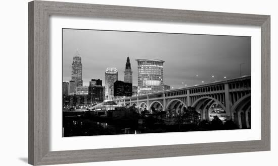 Bridge in a City Lit Up at Dusk, Detroit Avenue Bridge, Cleveland, Ohio, USA-null-Framed Photographic Print