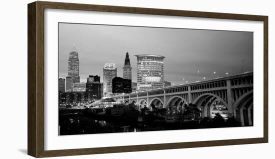 Bridge in a City Lit Up at Dusk, Detroit Avenue Bridge, Cleveland, Ohio, USA-null-Framed Photographic Print