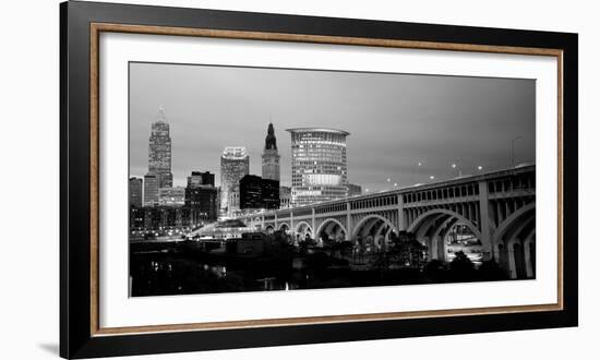 Bridge in a City Lit Up at Dusk, Detroit Avenue Bridge, Cleveland, Ohio, USA-null-Framed Photographic Print