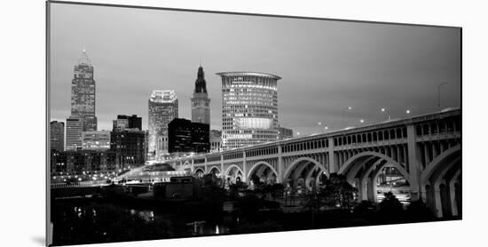 Bridge in a City Lit Up at Dusk, Detroit Avenue Bridge, Cleveland, Ohio, USA-null-Mounted Photographic Print