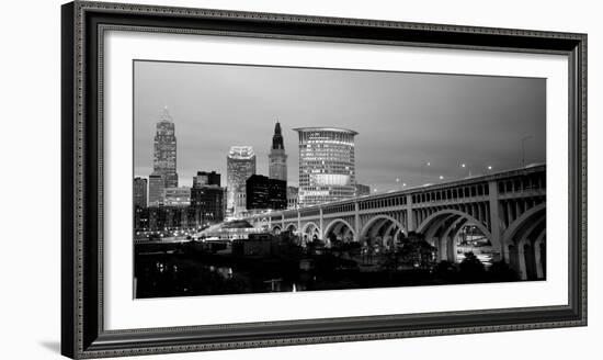 Bridge in a City Lit Up at Dusk, Detroit Avenue Bridge, Cleveland, Ohio, USA-null-Framed Photographic Print