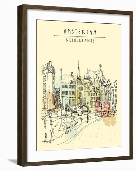 Bridge in Amsterdam, Holland, Netherlands Europe. Dutch Traditional Historical Buildings. Typical D-babayuka-Framed Art Print