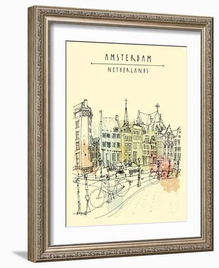 Bridge in Amsterdam, Holland, Netherlands Europe. Dutch Traditional Historical Buildings. Typical D-babayuka-Framed Art Print