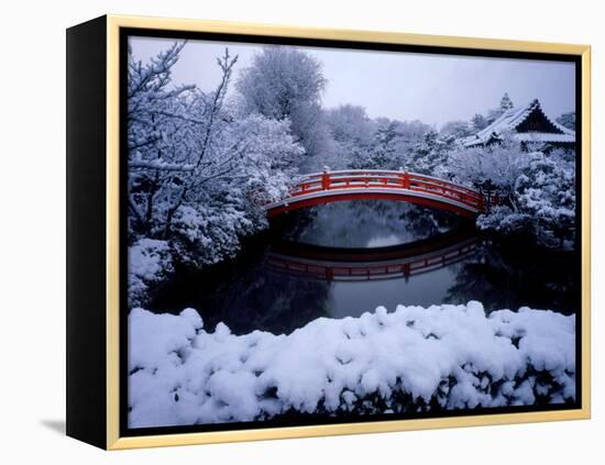Bridge in Sinsen-En Garden in Snow, Kyoto, Japan-null-Framed Premier Image Canvas