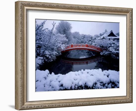 Bridge in Sinsen-En Garden in Snow, Kyoto, Japan-null-Framed Photographic Print