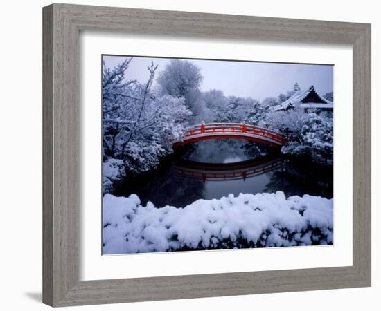 Bridge in Sinsen-En Garden in Snow, Kyoto, Japan-null-Framed Photographic Print