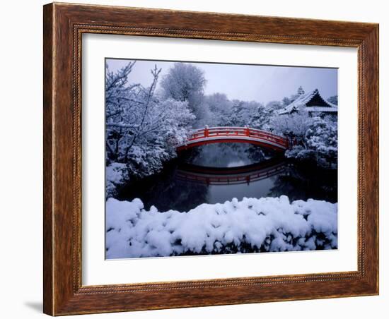 Bridge in Sinsen-En Garden in Snow, Kyoto, Japan-null-Framed Photographic Print