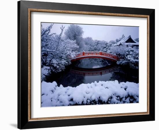 Bridge in Sinsen-En Garden in Snow, Kyoto, Japan-null-Framed Photographic Print