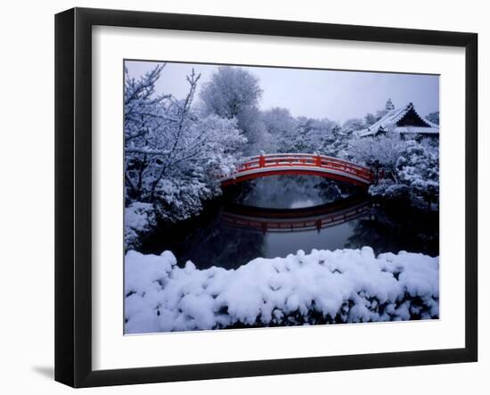 Bridge in Sinsen-En Garden in Snow, Kyoto, Japan-null-Framed Photographic Print