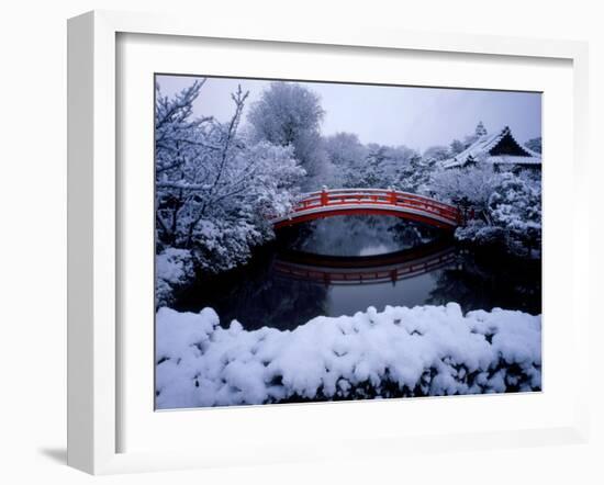 Bridge in Sinsen-En Garden in Snow, Kyoto, Japan-null-Framed Photographic Print