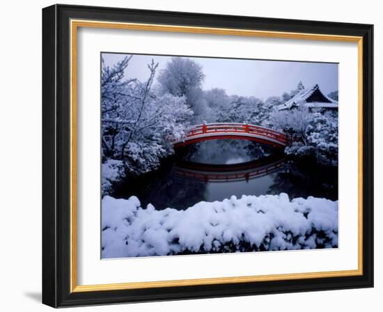 Bridge in Sinsen-En Garden in Snow, Kyoto, Japan-null-Framed Photographic Print