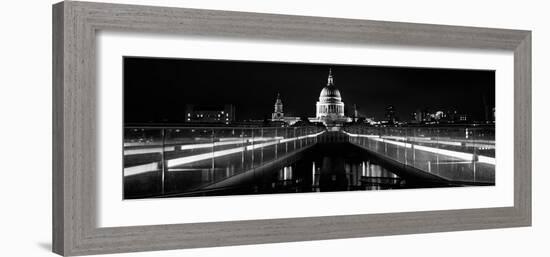 Bridge Lit Up at Night, London Millennium Footbridge, St. Paul's Cathedral, Thames River-null-Framed Photographic Print