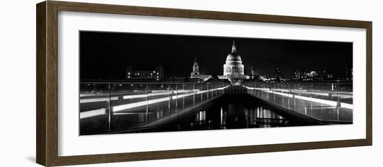 Bridge Lit Up at Night, London Millennium Footbridge, St. Paul's Cathedral, Thames River-null-Framed Photographic Print