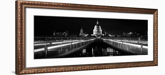 Bridge Lit Up at Night, London Millennium Footbridge, St. Paul's Cathedral, Thames River-null-Framed Photographic Print