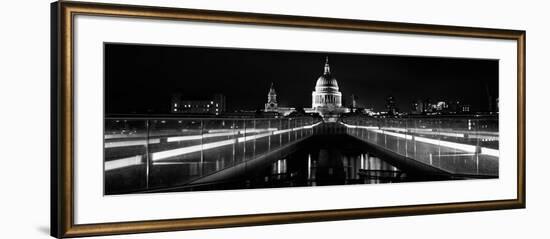 Bridge Lit Up at Night, London Millennium Footbridge, St. Paul's Cathedral, Thames River-null-Framed Photographic Print