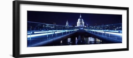Bridge Lit Up at Night, Millennium Bridge, Thames River, St Paul's Cathedral, London, England-null-Framed Photographic Print