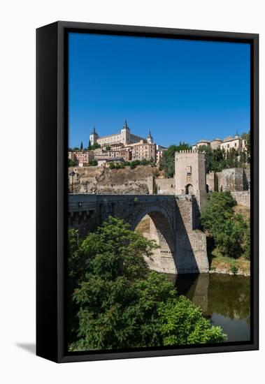 Bridge over the River Tagus with the Alcazar of Toledo Above, Toledo, Castilla La Mancha, Spain-Martin Child-Framed Premier Image Canvas