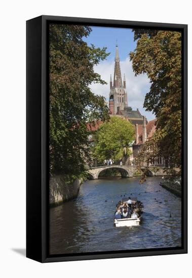 Bridge to Begijnhof, and spire of Church of Our Lady, tourist launch, Bruges, UNESCO World Heritage-James Emmerson-Framed Premier Image Canvas