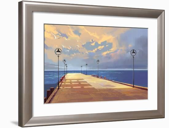 Bridge to the Sea against Beautiful Sky,Illustration Painting-Tithi Luadthong-Framed Art Print