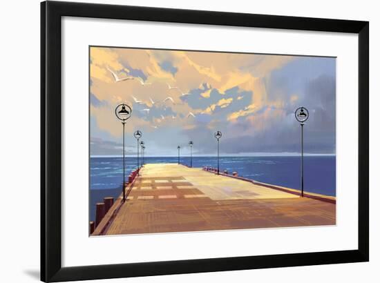 Bridge to the Sea against Beautiful Sky,Illustration Painting-Tithi Luadthong-Framed Art Print