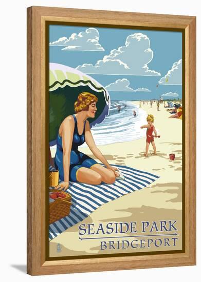 Bridgeport, Connecticut - Woman on the Beach-Lantern Press-Framed Stretched Canvas