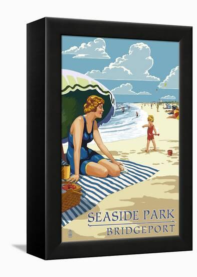 Bridgeport, Connecticut - Woman on the Beach-Lantern Press-Framed Stretched Canvas