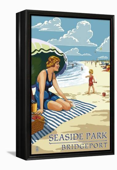 Bridgeport, Connecticut - Woman on the Beach-Lantern Press-Framed Stretched Canvas