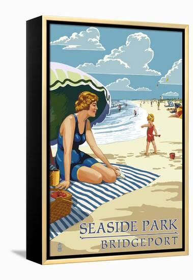 Bridgeport, Connecticut - Woman on the Beach-Lantern Press-Framed Stretched Canvas