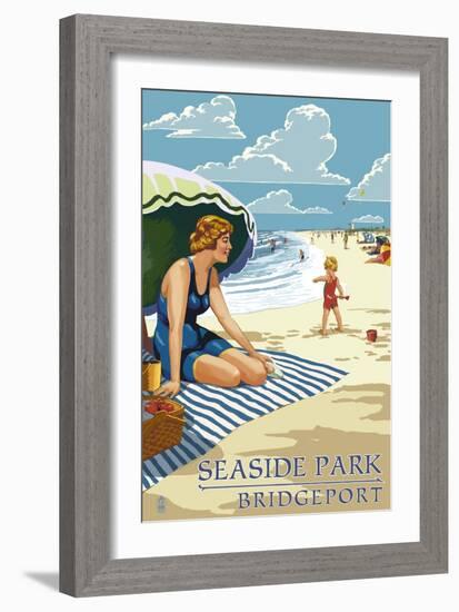 Bridgeport, Connecticut - Woman on the Beach-Lantern Press-Framed Art Print