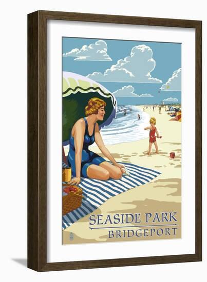 Bridgeport, Connecticut - Woman on the Beach-Lantern Press-Framed Art Print