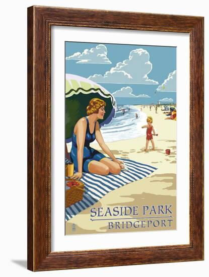 Bridgeport, Connecticut - Woman on the Beach-Lantern Press-Framed Art Print