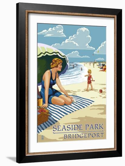 Bridgeport, Connecticut - Woman on the Beach-Lantern Press-Framed Art Print