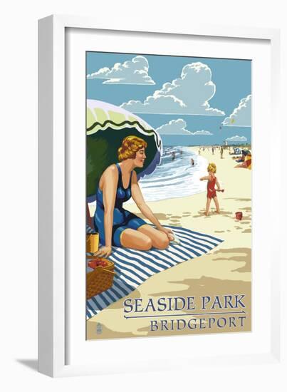 Bridgeport, Connecticut - Woman on the Beach-Lantern Press-Framed Art Print