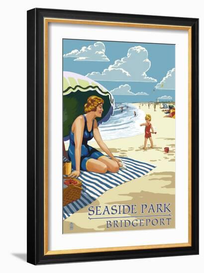 Bridgeport, Connecticut - Woman on the Beach-Lantern Press-Framed Art Print