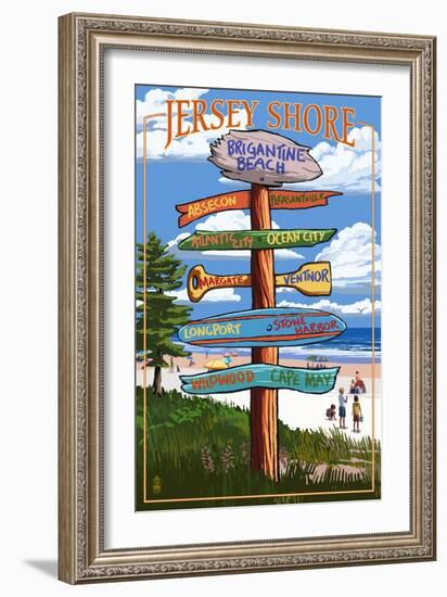 Brigantine Beach, New Jersey - Destinations Signpost-Lantern Press-Framed Art Print