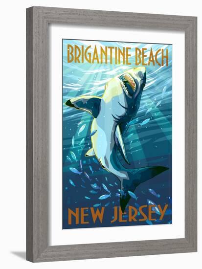 Brigantine Beach, New Jersey - Stylized Shark-Lantern Press-Framed Art Print