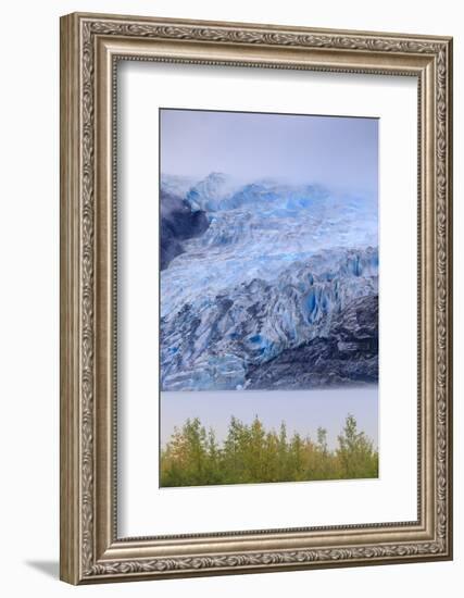 Bright blue ice of Mendenhall Glacier flowing from Juneau Ice Field, mist on Mendenhall Lake, Junea-Eleanor Scriven-Framed Photographic Print