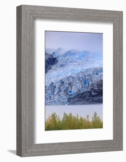Bright blue ice of Mendenhall Glacier flowing from Juneau Ice Field, mist on Mendenhall Lake, Junea-Eleanor Scriven-Framed Photographic Print