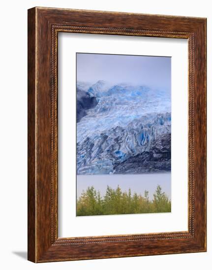 Bright blue ice of Mendenhall Glacier flowing from Juneau Ice Field, mist on Mendenhall Lake, Junea-Eleanor Scriven-Framed Photographic Print