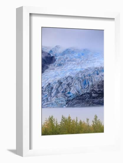 Bright blue ice of Mendenhall Glacier flowing from Juneau Ice Field, mist on Mendenhall Lake, Junea-Eleanor Scriven-Framed Photographic Print