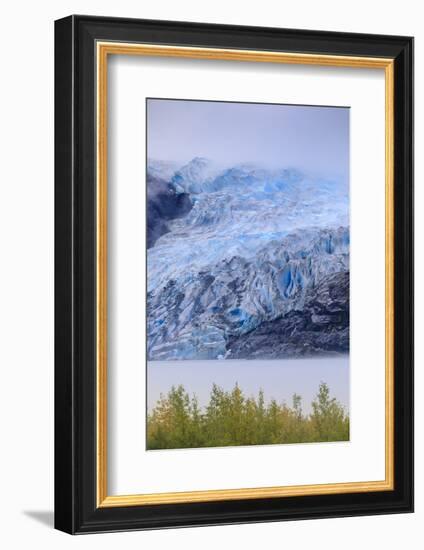 Bright blue ice of Mendenhall Glacier flowing from Juneau Ice Field, mist on Mendenhall Lake, Junea-Eleanor Scriven-Framed Photographic Print