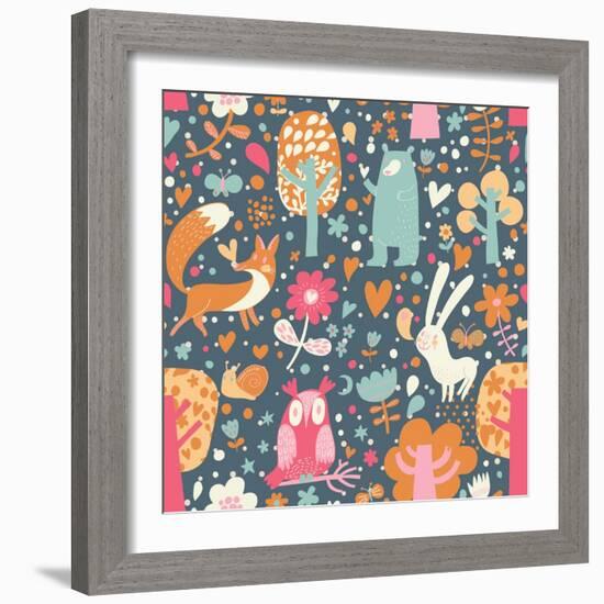 Bright Childish Seamless Pattern with Fox, Bear, Rabbit, Owl, Snail in Trees and Flowers. Seamless-smilewithjul-Framed Art Print