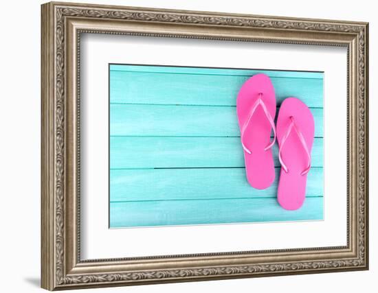 Bright Flip-Flops on Color Wooden Background-Yastremska-Framed Photographic Print