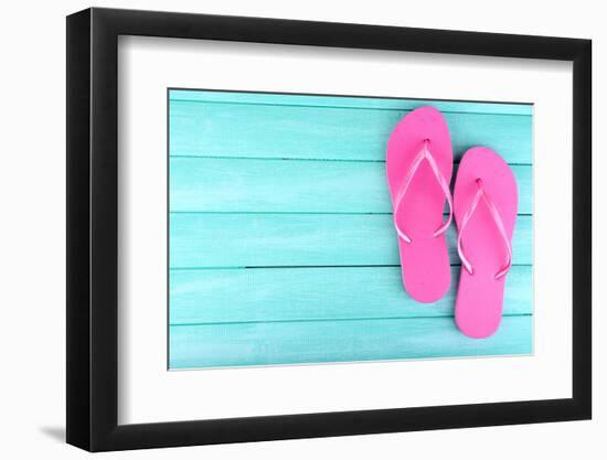 Bright Flip-Flops on Color Wooden Background-Yastremska-Framed Photographic Print