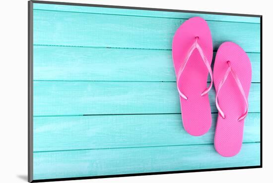 Bright Flip-Flops on Color Wooden Background-Yastremska-Mounted Photographic Print