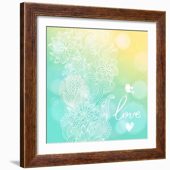 Bright Floral Background in Sunny Colors. Stylish Card with Bokeh Effect - Ideal for Wedding Design-smilewithjul-Framed Art Print