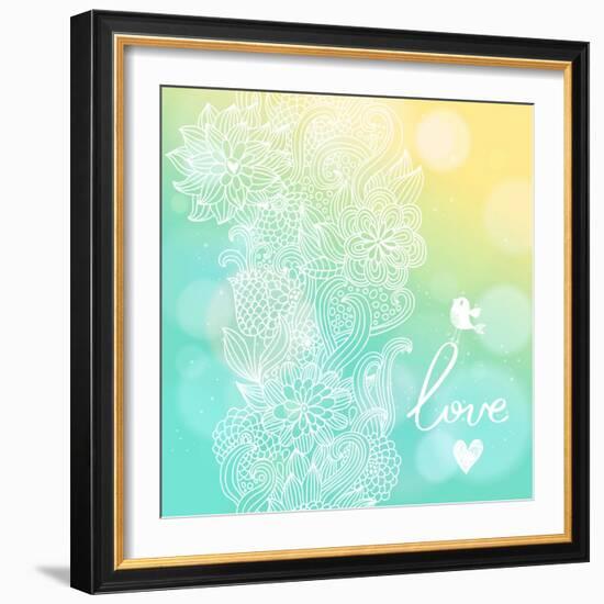Bright Floral Background in Sunny Colors. Stylish Card with Bokeh Effect - Ideal for Wedding Design-smilewithjul-Framed Art Print