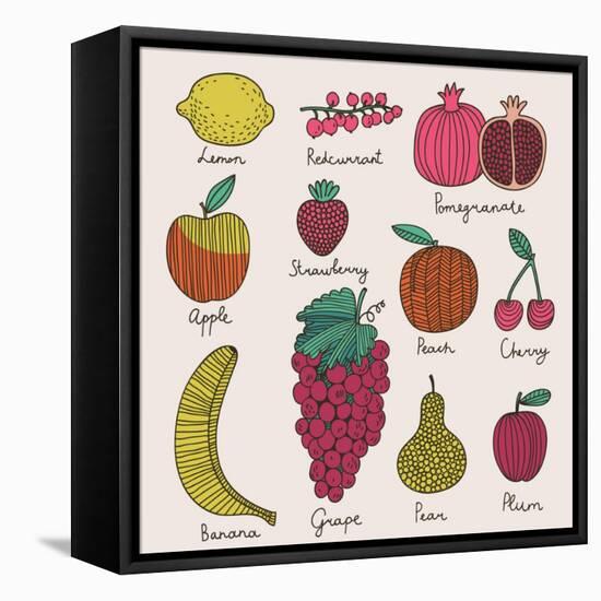 Bright Fruit and Berries Set in Vector. Lemon, Redcurrant, Apple, Strawberry, Banana, Grape, Pomegr-smilewithjul-Framed Stretched Canvas