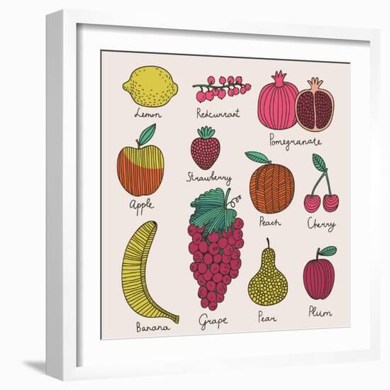 Bright Fruit and Berries Set in Vector. Lemon, Redcurrant, Apple, Strawberry, Banana, Grape, Pomegr-smilewithjul-Framed Art Print