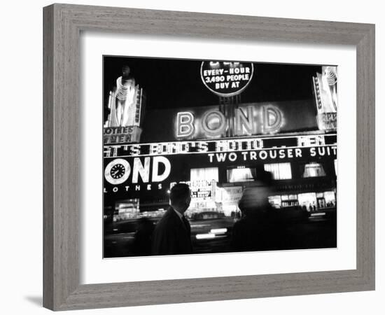 Bright Neon Lights of Bond's Clothing Store-Lisa Larsen-Framed Photographic Print